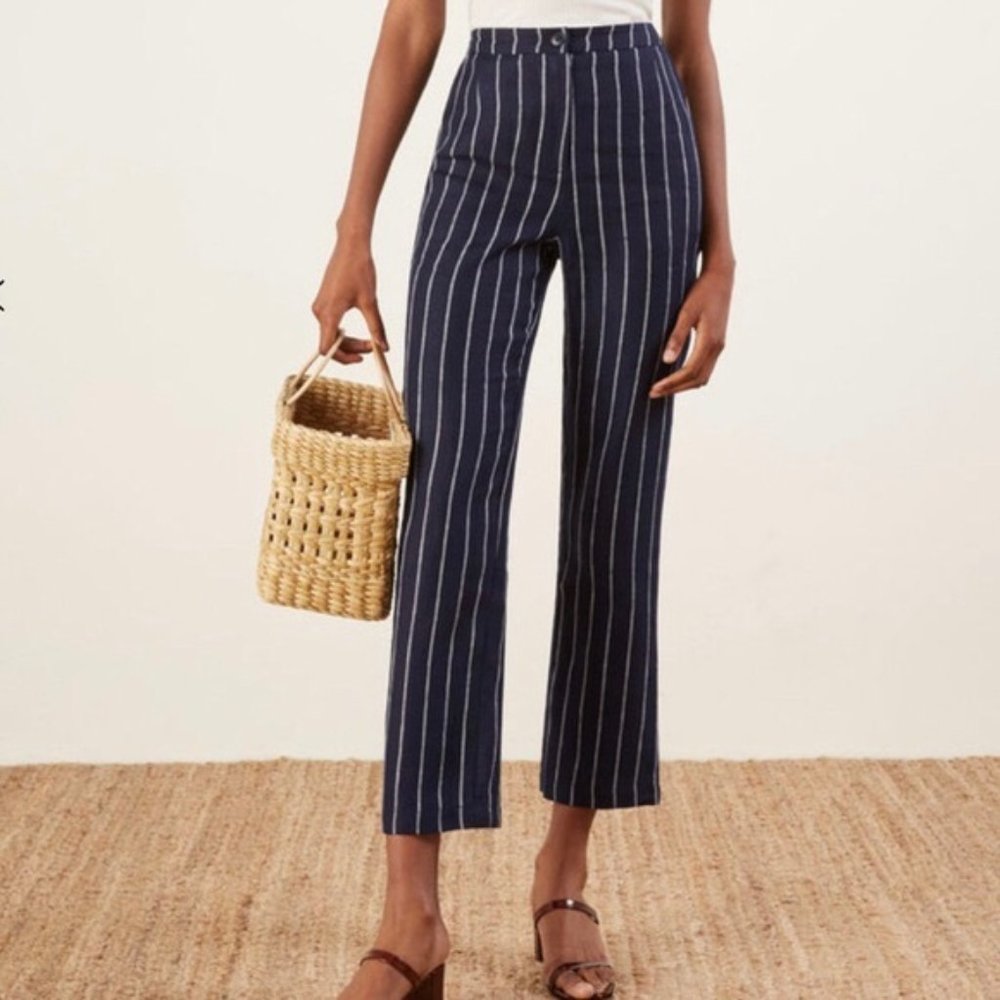 Reformation Navy Striped Cropped Pants